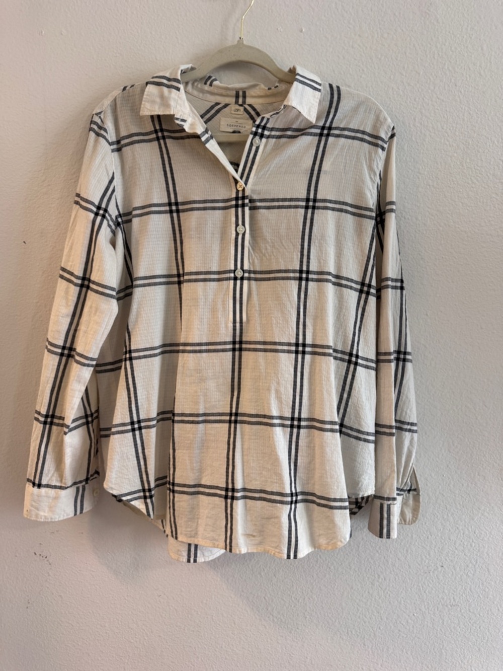 LOFT Cream White Plaid Button-Up Blouse, Size Medium